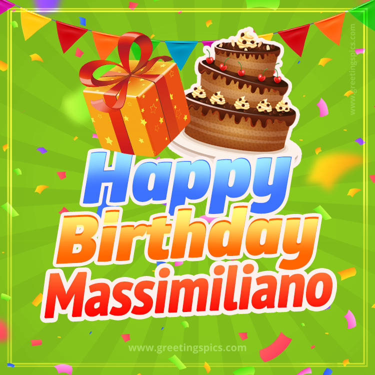 Happy Birthday Massimiliano picture with flags, chocolate cake and gift box (square shape image)