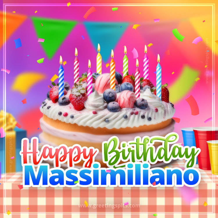 Happy Birthday Massimiliano Colorful Image with fruit cake and candles (square shape image)