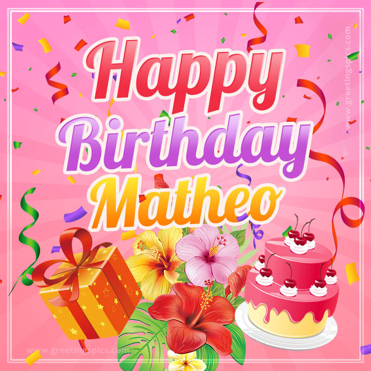 Beautiful Birthday Card for Matheo with pink background (square shape image)