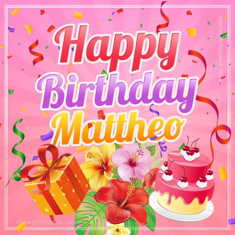 Beautiful Birthday Card for Mattheo with pink background (square shape image)