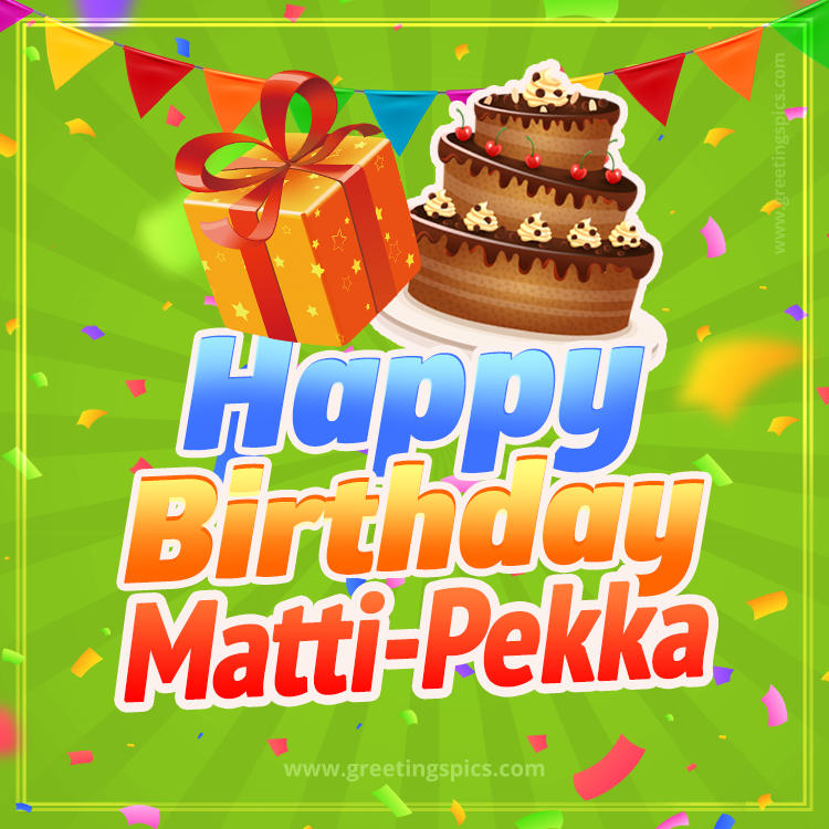 Happy Birthday Matti-Pekka picture with flags, chocolate cake and gift box (square shape image)