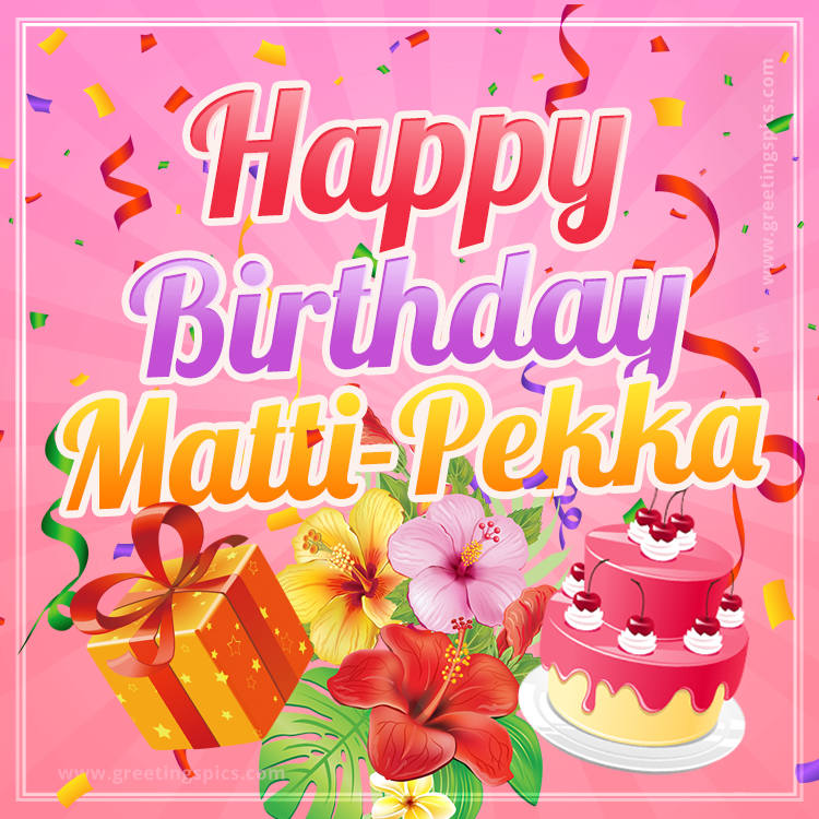 Beautiful Birthday Card for Matti-Pekka with pink background (square shape image)