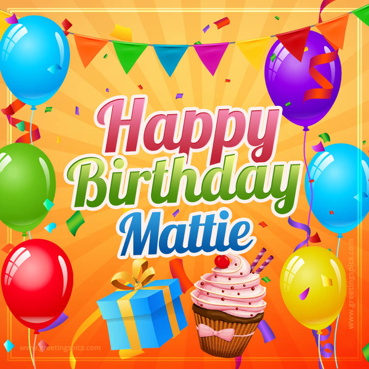 Happy Birthday Mattie eCard with gift box and cupcake (square shape image)