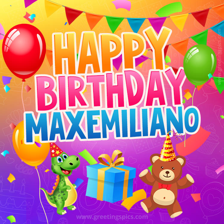 Happy Birthday Maxemiliano Image for a child with cute baby dinosaur and bear (square shape image)