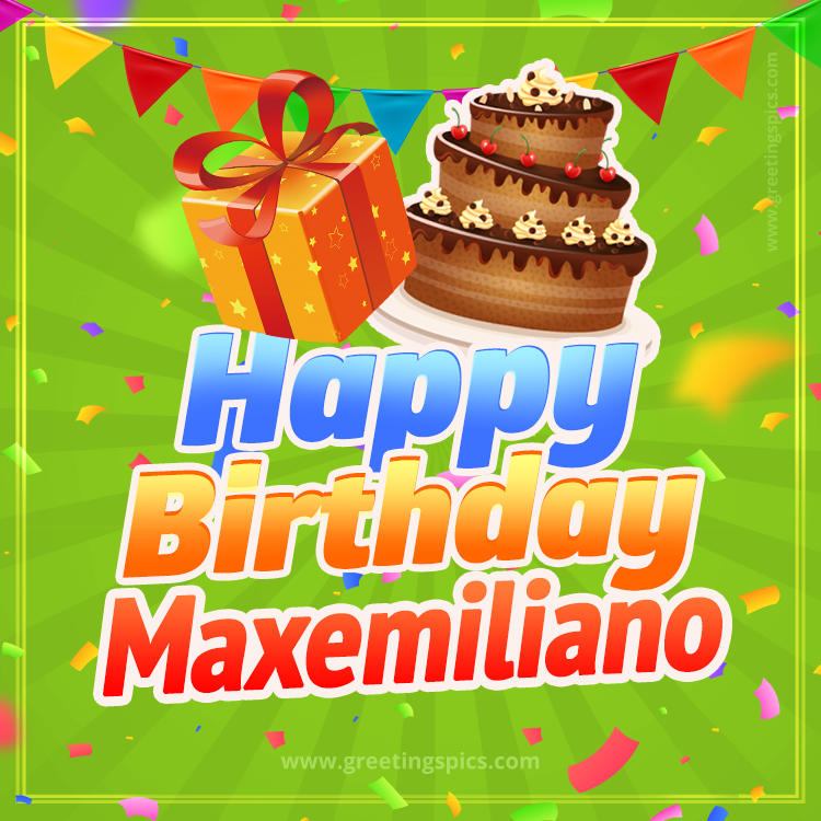 Happy Birthday Maxemiliano picture with flags, chocolate cake and gift box (square shape image)