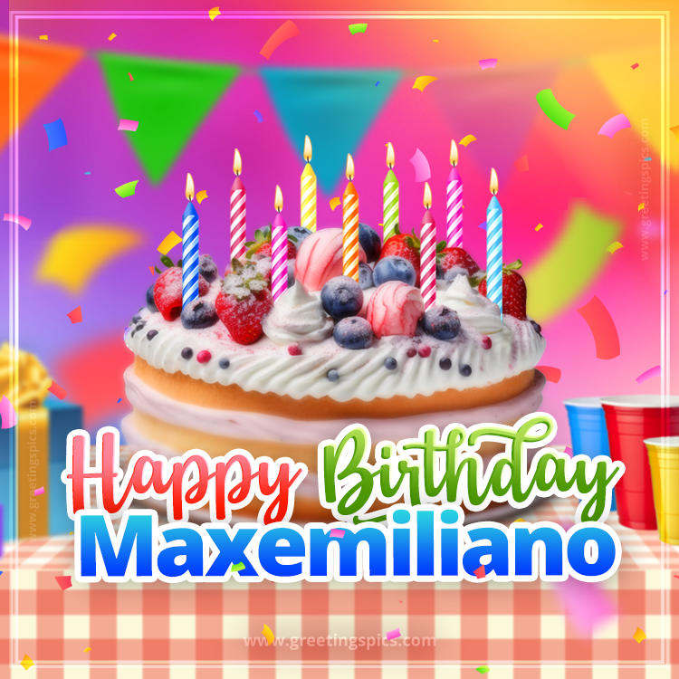 Happy Birthday Maxemiliano Colorful Image with fruit cake and candles (square shape image)