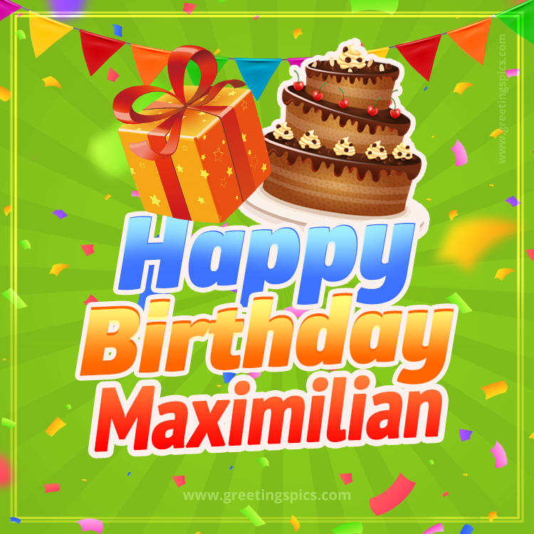 Happy Birthday Maximilian picture with flags, chocolate cake and gift box (square shape image)