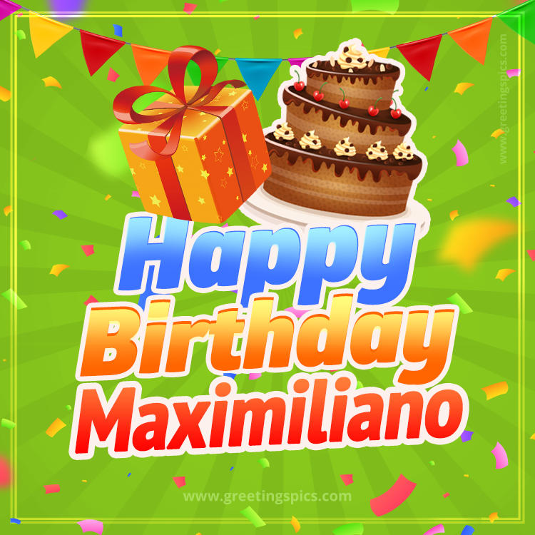 Happy Birthday Maximiliano picture with flags, chocolate cake and gift box (square shape image)