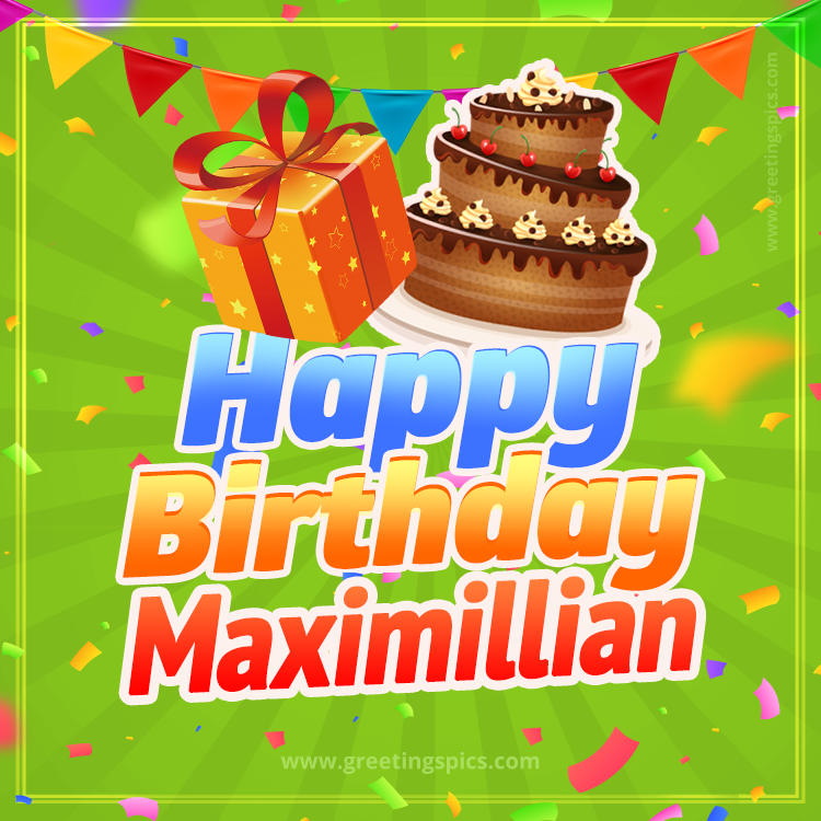 Happy Birthday Maximillian picture with flags, chocolate cake and gift box (square shape image)