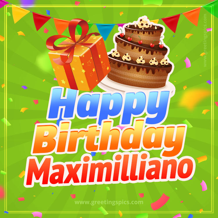 Happy Birthday Maximilliano picture with flags, chocolate cake and gift box (square shape image)