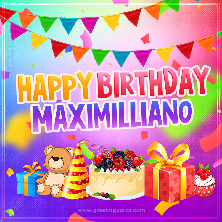 Bright card with Wishes for a Happy Birthday for Maximilliano (square shape image)