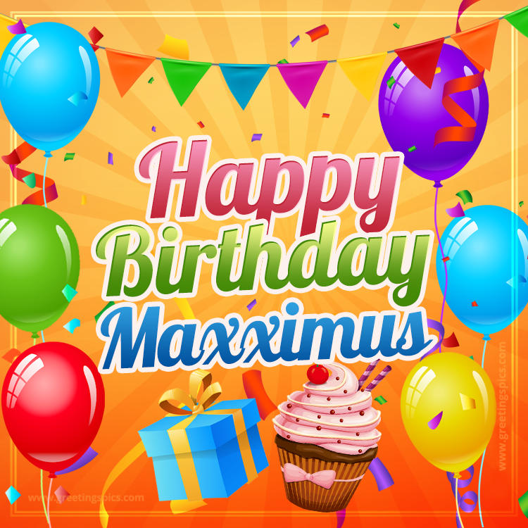 Happy Birthday Maxximus eCard with gift box and cupcake (square shape image)