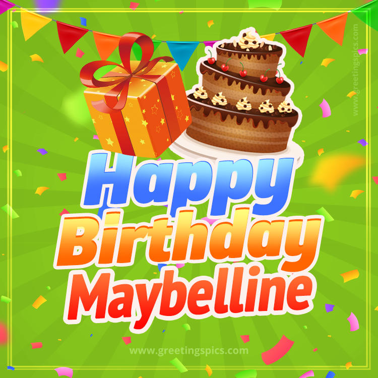 Happy Birthday Maybelline picture with flags, chocolate cake and gift box (square shape image)