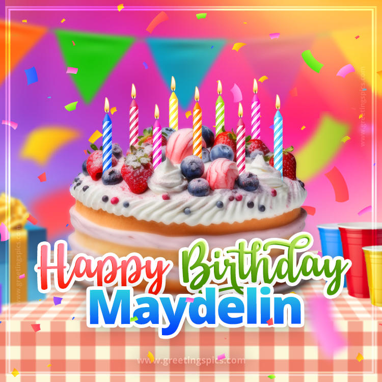 Happy Birthday Maydelin Colorful Image with fruit cake and candles (square shape image)