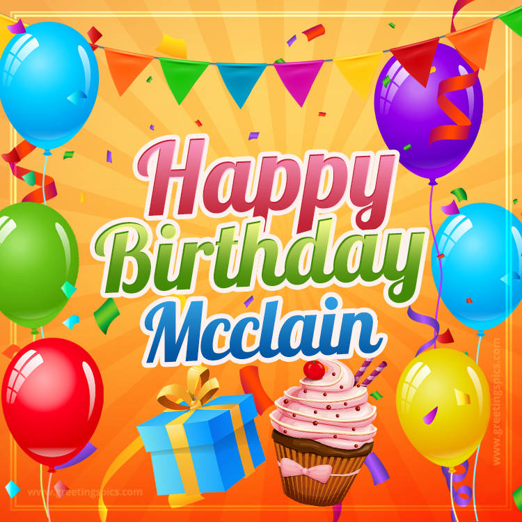Happy Birthday Mcclain eCard with gift box and cupcake (square shape image)