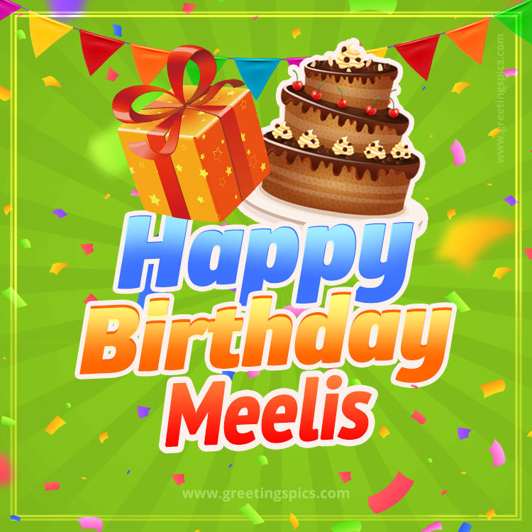 Happy Birthday Meelis picture with flags, chocolate cake and gift box (square shape image)