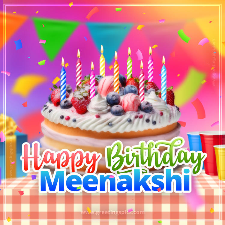 Happy Birthday Meenakshi Colorful Image with fruit cake and candles (square shape image)