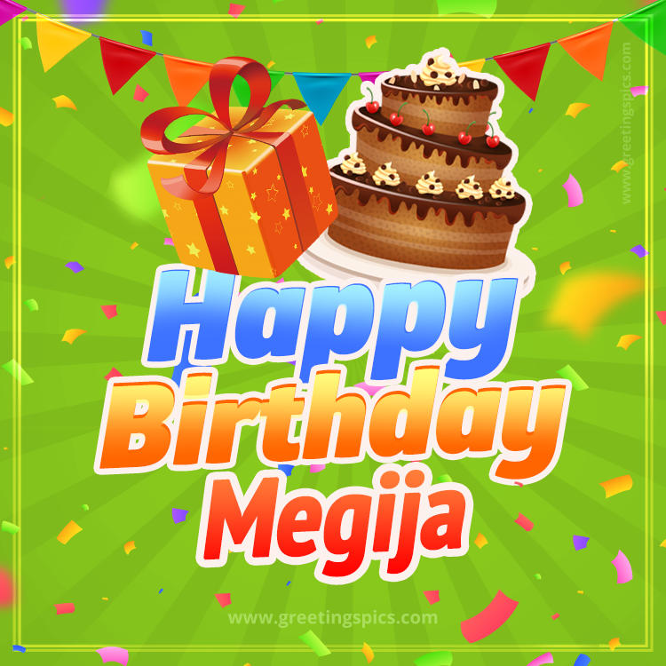 Happy Birthday Megija picture with flags, chocolate cake and gift box (square shape image)