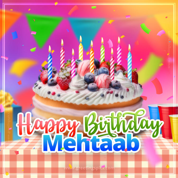 Happy Birthday Mehtaab Colorful Image with fruit cake and candles (square shape image)