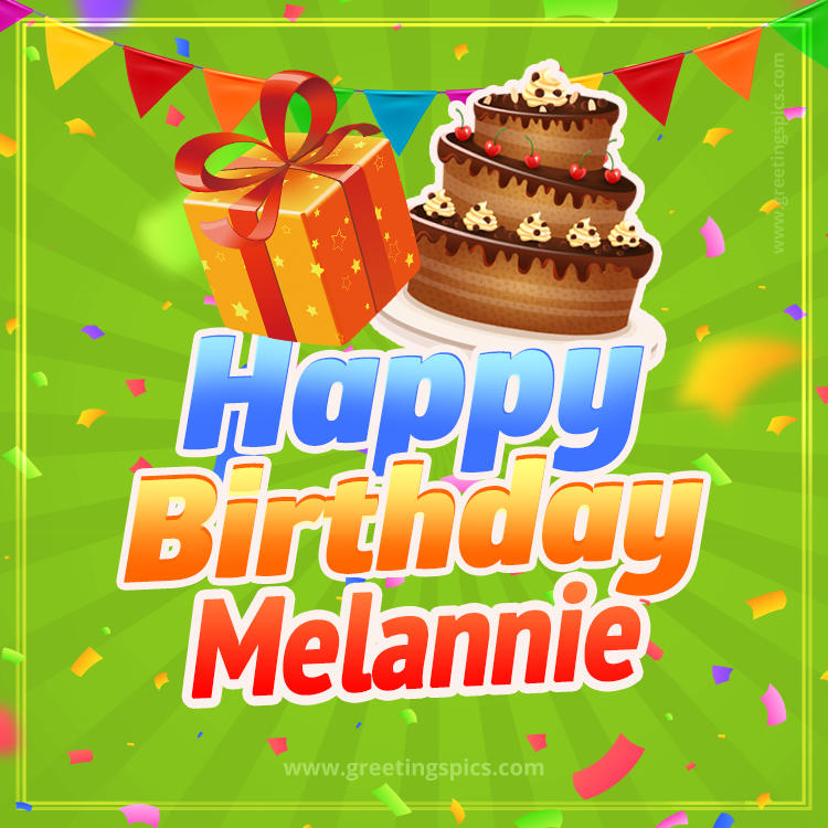 Happy Birthday Melannie picture with flags, chocolate cake and gift box (square shape image)