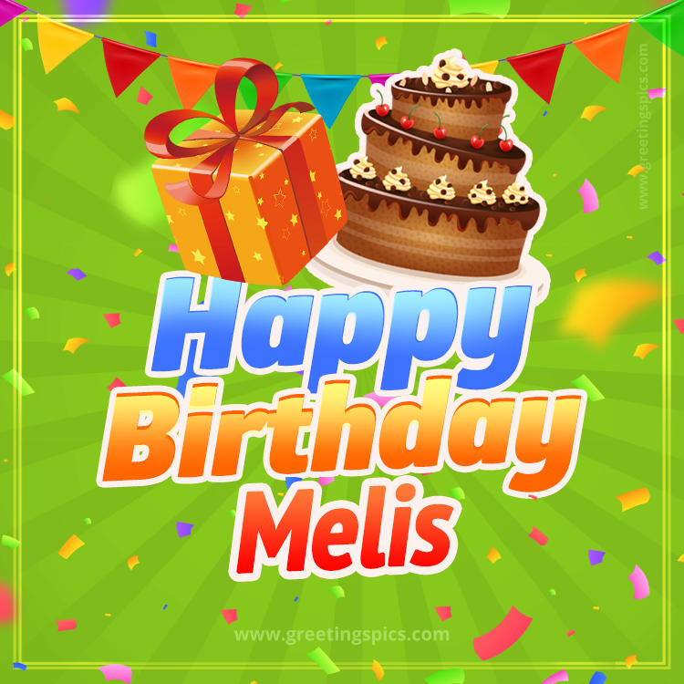 Happy Birthday Melis picture with flags, chocolate cake and gift box (square shape image)