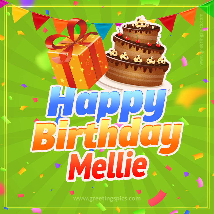 Happy Birthday Mellie picture with flags, chocolate cake and gift box (square shape image)