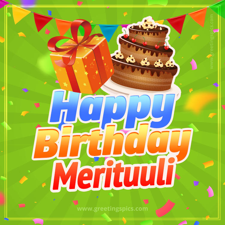 Happy Birthday Merituuli picture with flags, chocolate cake and gift box (square shape image)