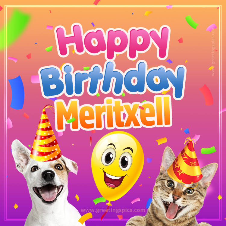 Happy Birthday Meritxell Funny Image with cat and dog (square shape image)