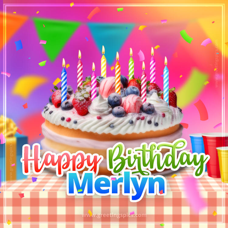 Happy Birthday Merlyn Colorful Image with fruit cake and candles (square shape image)
