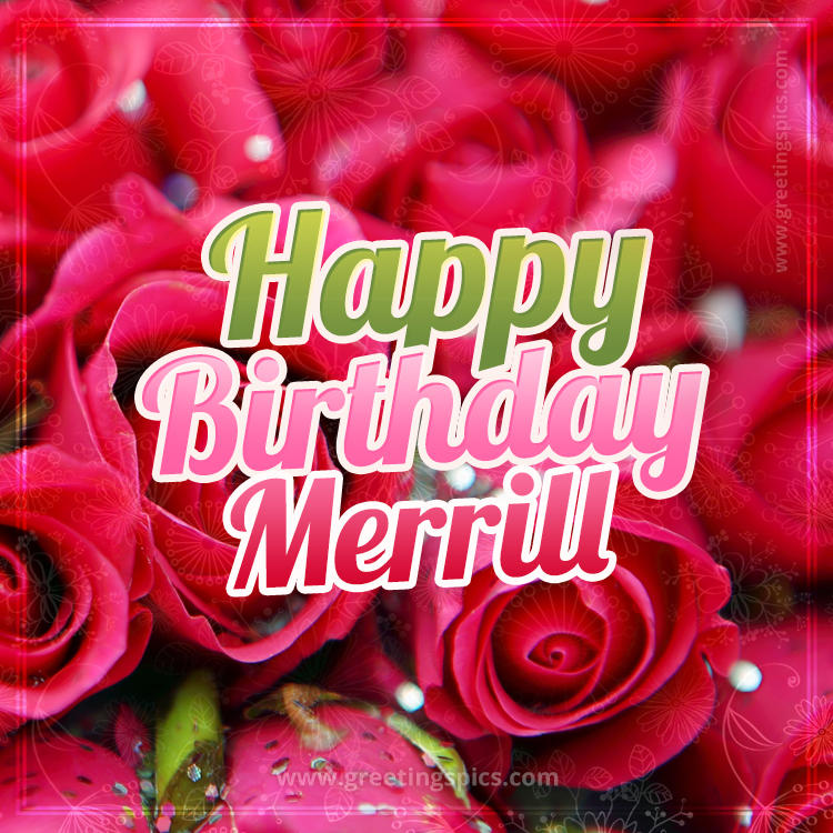 Happy Birthday Merrill beautiful Image with red roses (square shape image)