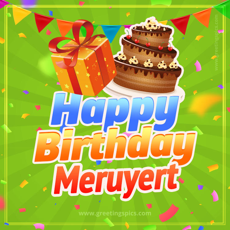 Happy Birthday Meruyert picture with flags, chocolate cake and gift box (square shape image)