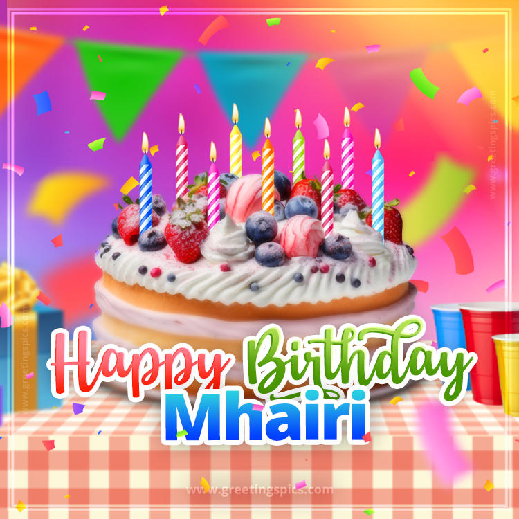 Happy Birthday Mhairi Colorful Image with fruit cake and candles (square shape image)