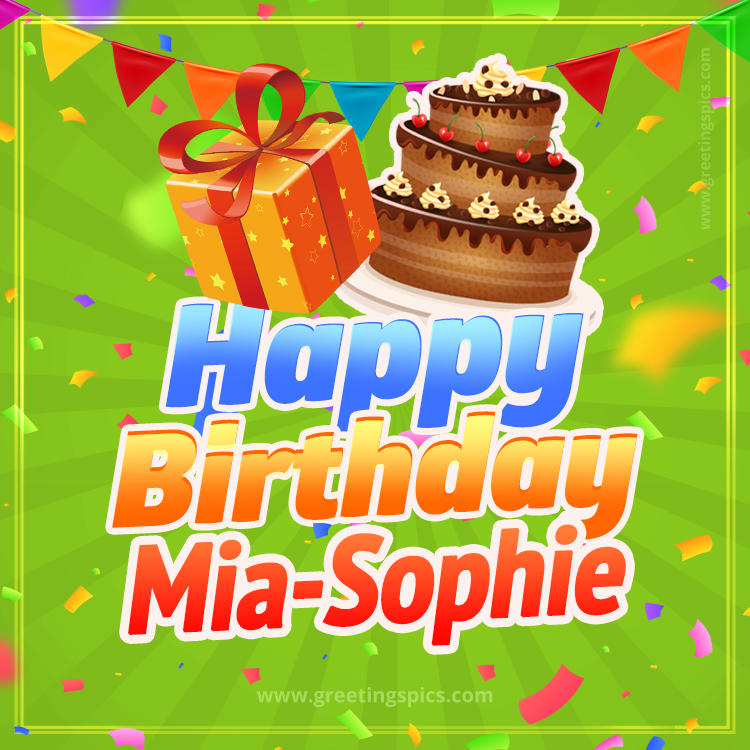 Happy Birthday Mia-Sophie picture with flags, chocolate cake and gift box (square shape image)