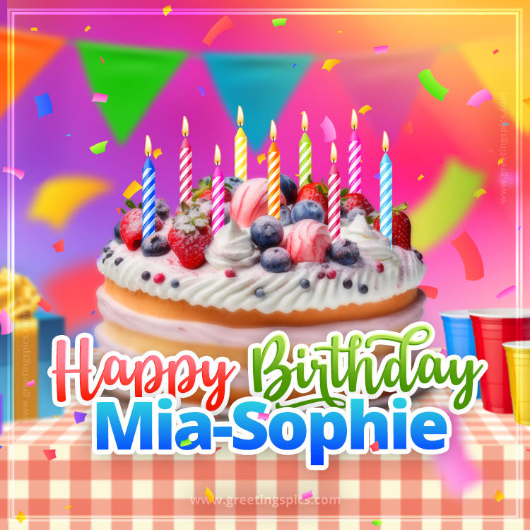 Happy Birthday Mia-Sophie Colorful Image with fruit cake and candles (square shape image)