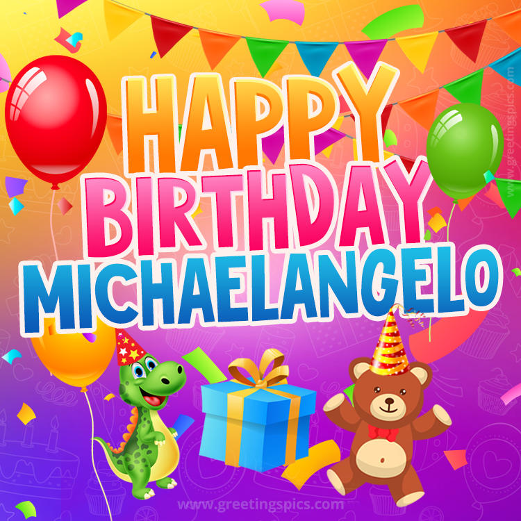 Happy Birthday Michaelangelo Image for a child with cute baby dinosaur and bear (square shape image)