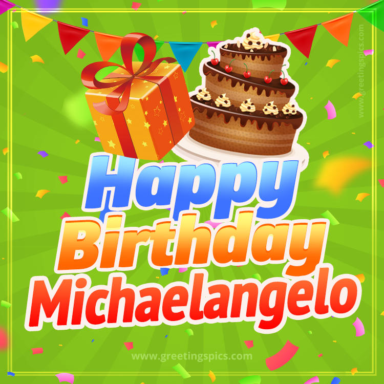 Happy Birthday Michaelangelo picture with flags, chocolate cake and gift box (square shape image)