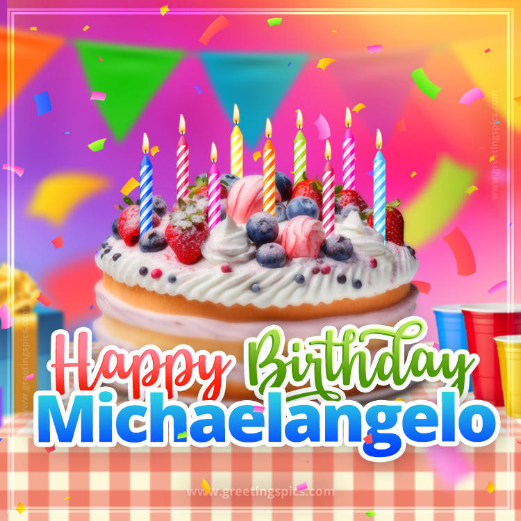 Happy Birthday Michaelangelo Colorful Image with fruit cake and candles (square shape image)