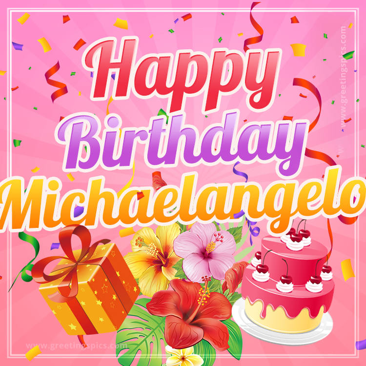 Beautiful Birthday Card for Michaelangelo with pink background (square shape image)