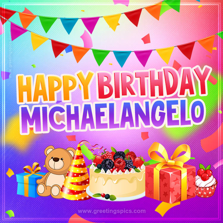 Bright card with Wishes for a Happy Birthday for Michaelangelo (square shape image)