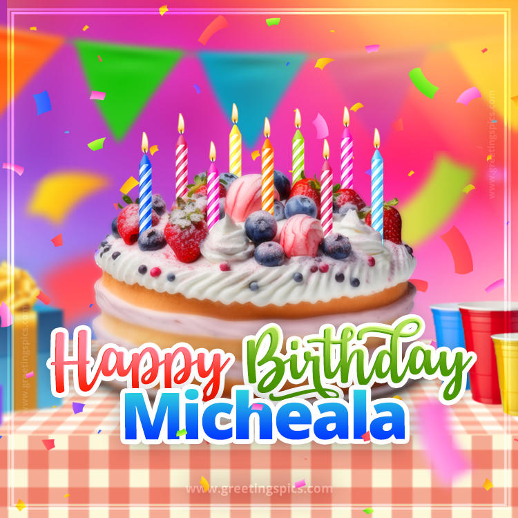 Happy Birthday Micheala Colorful Image with fruit cake and candles (square shape image)