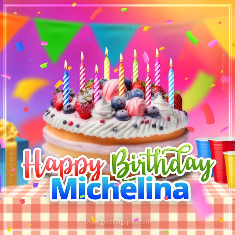 Happy Birthday Michelina Colorful Image with fruit cake and candles (square shape image)