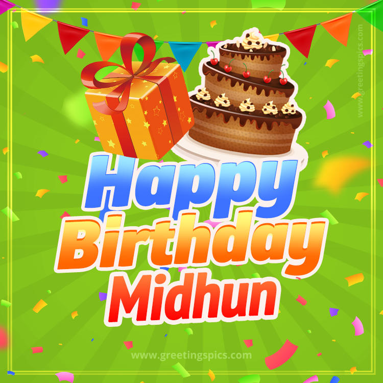Happy Birthday Midhun picture with flags, chocolate cake and gift box (square shape image)