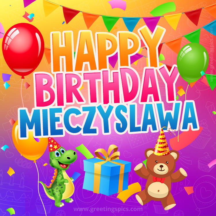 Happy Birthday Mieczyslawa Image for a child with cute dinosaur and bear (square shape image)