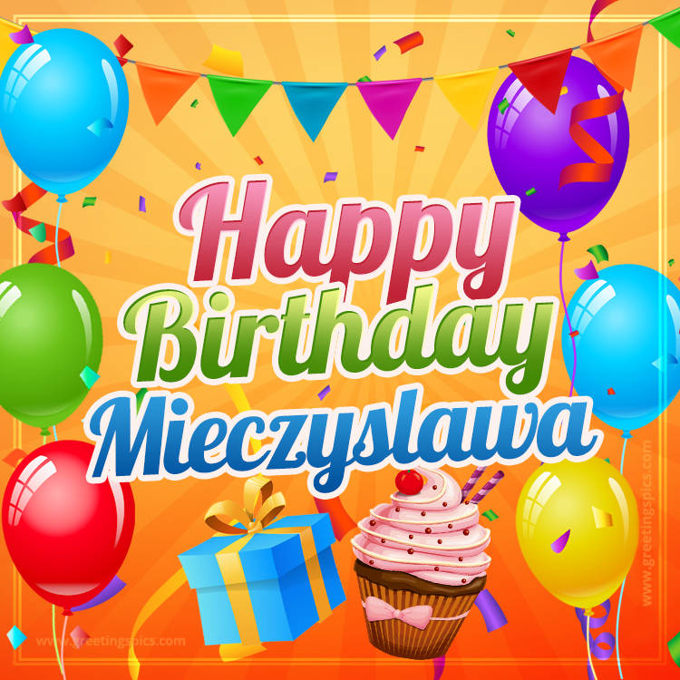 Happy Birthday Mieczyslawa eCard with gift box and cupcake (square shape image)