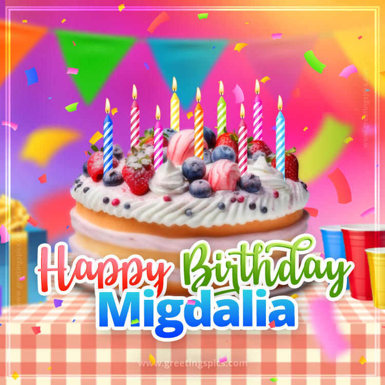 Happy Birthday Migdalia Colorful Image with fruit cake and candles (square shape image)