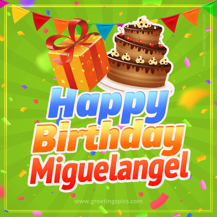 Happy Birthday Miguelangel picture with flags, chocolate cake and gift box (square shape image)