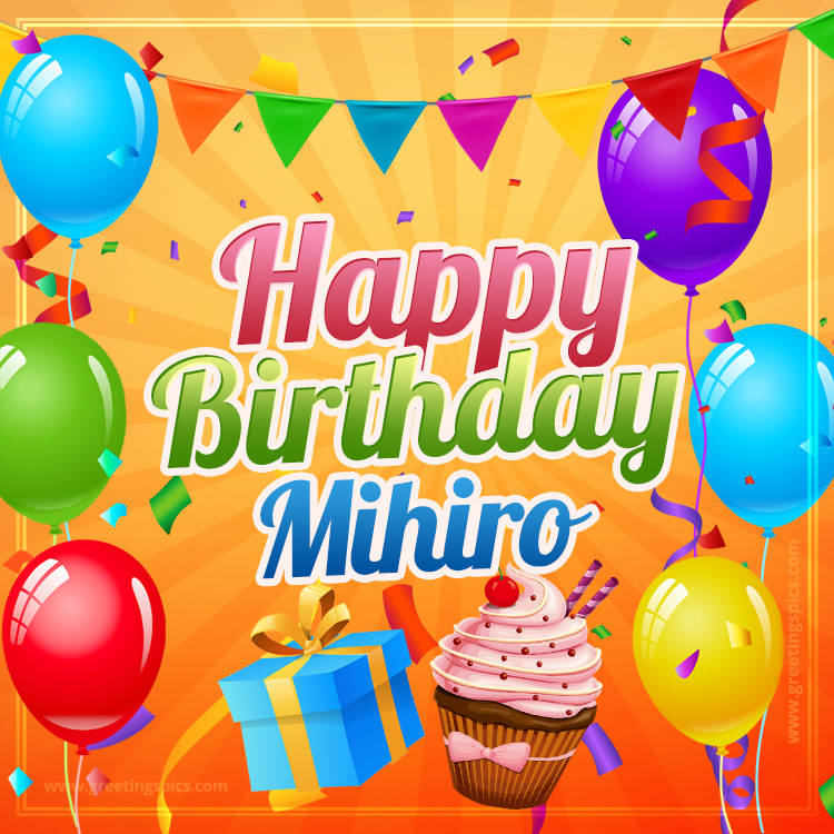 Happy Birthday Mihiro eCard with gift box and cupcake (square shape image)