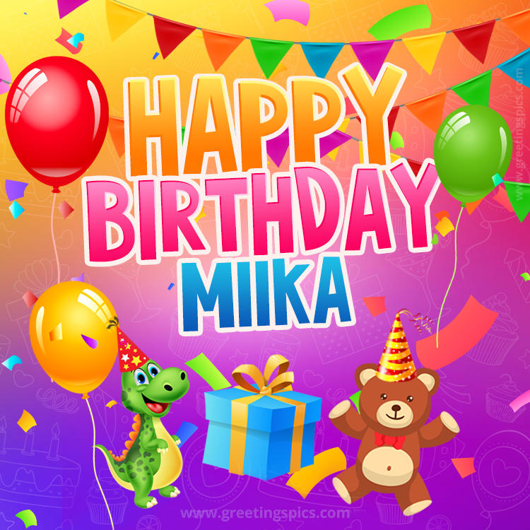 Happy Birthday Miika Image for a child with cute baby dinosaur and bear (square shape image)