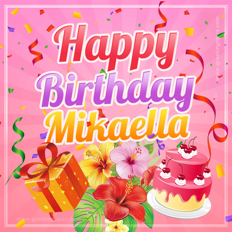 Beautiful Birthday Card for Mikaella with Cake and bouquet of flowers (square shape image)