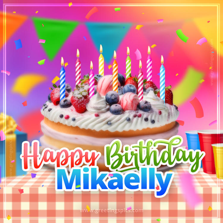 Happy Birthday Mikaelly Colorful Image with fruit cake and candles (square shape image)